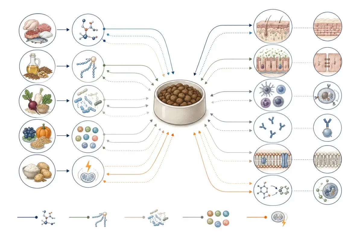Översikt där ett komplett foder förser hud, tarmbarriär, immunceller, antikroppar, cellmembran och antioxidantsystem med olika näringsämnen.