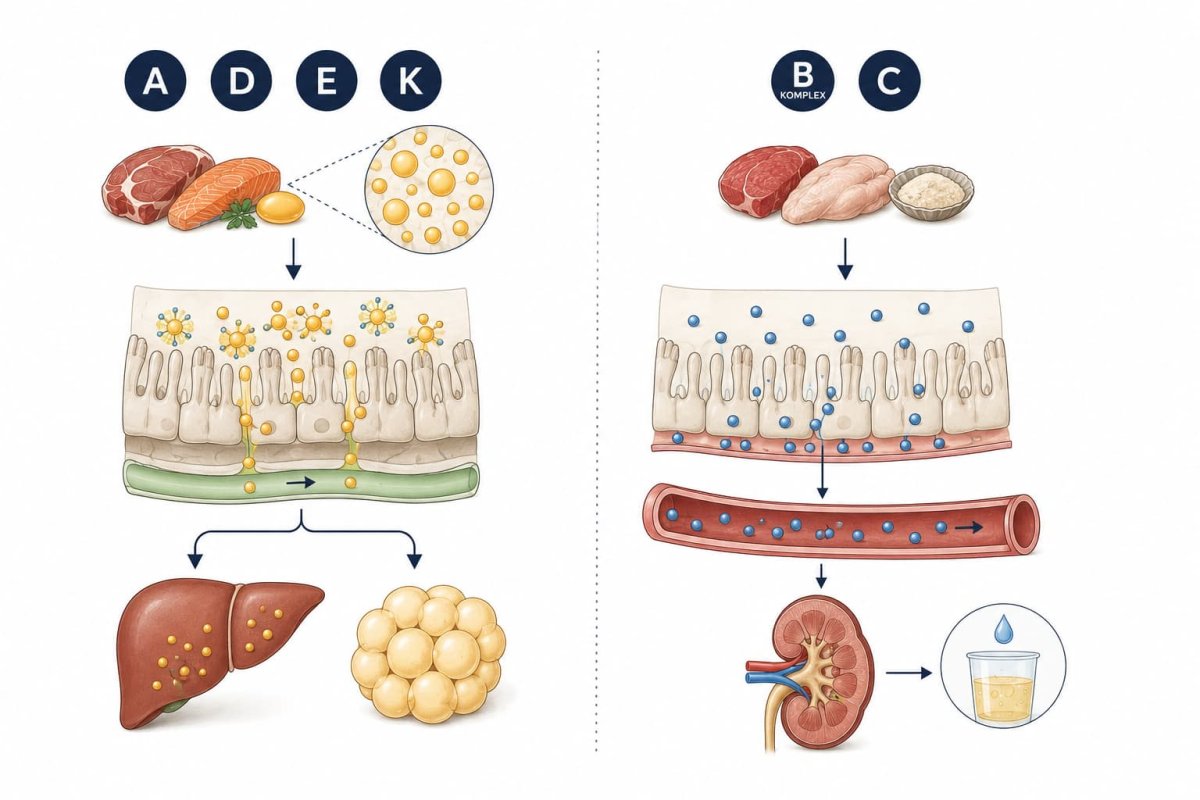 Vetenskaplig illustration som jämför fettlösliga vitaminer A, D, E och K med vattenlösliga B-vitaminer och vitamin C samt visar skillnader i upptag, lagring och utsöndring.