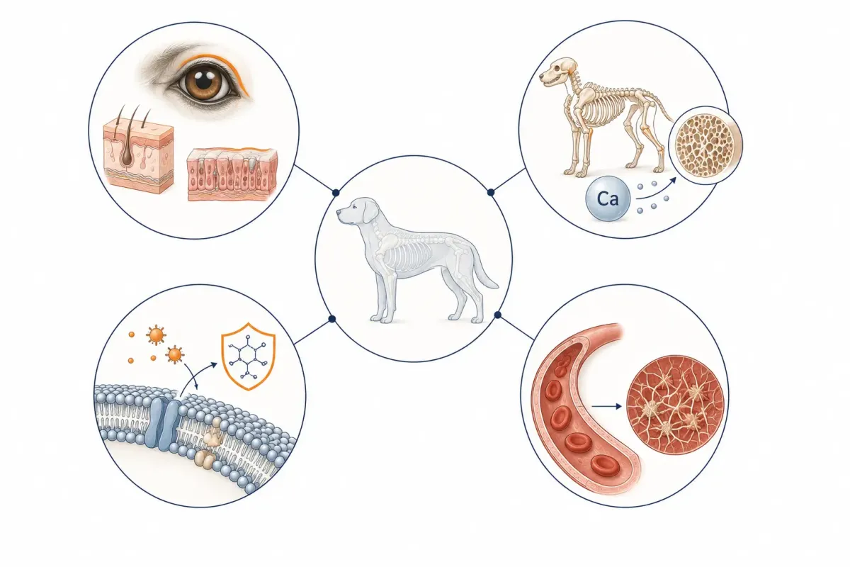 Vetenskaplig illustration av de fettlösliga vitaminerna där vitamin A kopplas till syn, hud och slemhinnor, vitamin D till kalcium och skelett, vitamin E till antioxidantförsvar och vitamin K till blodkoagulation.