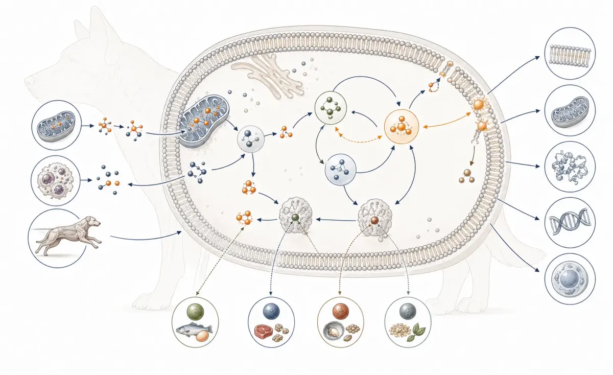 Vetenskaplig illustration som visar hur vitamin E, vitamin C, glutation och mineralberoende antioxidantenzym samverkar i hundens celler.