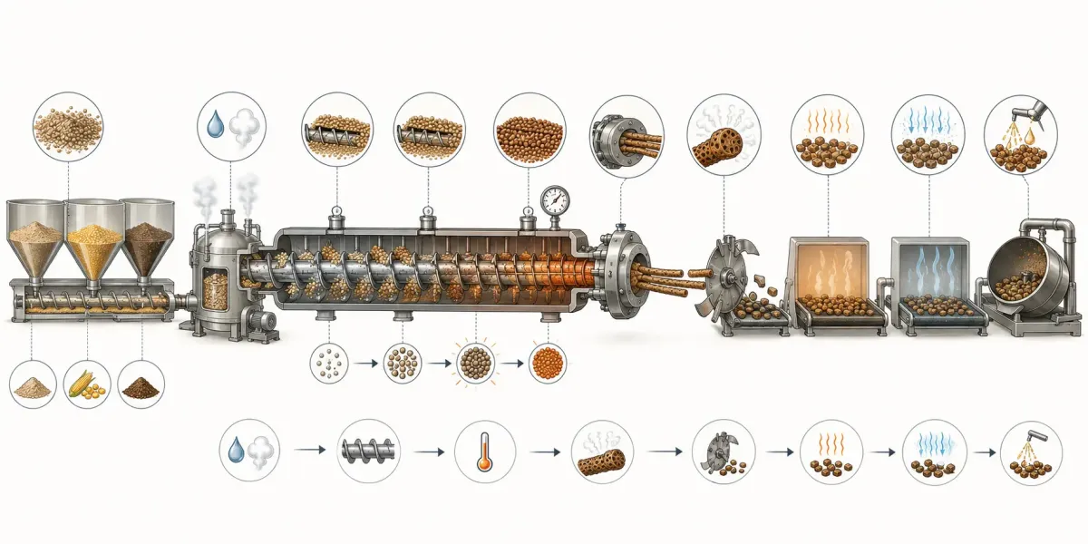 Vetenskaplig processillustration som visar råvaruinmatning, förkonditionering med vatten och ånga, skruv och cylinder, uppbyggnad av värme och tryck, dysa, expansion, kniv, torkning och ytbehandling i en extruderingslinje.