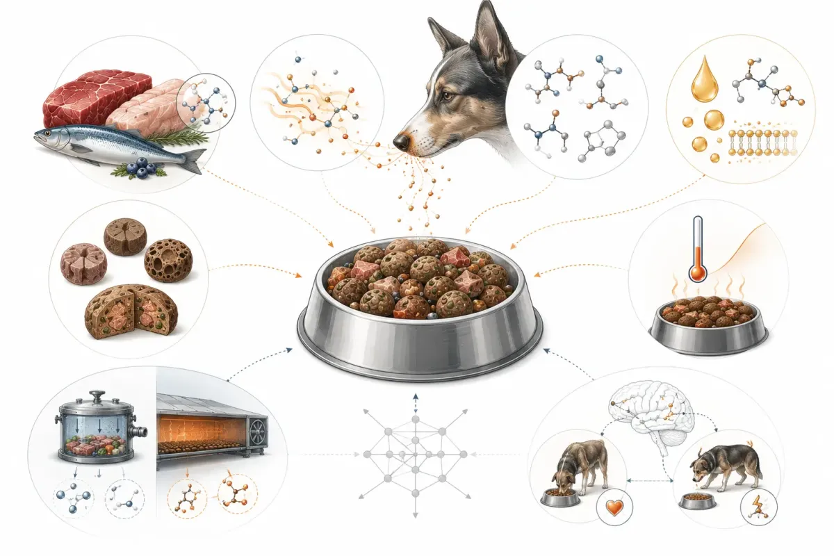 Vetenskaplig illustrationsbild som visar en hundmatskål omgiven av råvarukvalitet, doft, smak, fett, textur, temperatur, tillagning och hundens tidigare erfarenheter som samverkande delar av smaklighet.