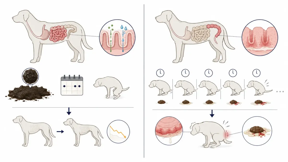 Vetenskaplig jämförelseillustration som visar typiska skillnader mellan tunntarmsdiarré och tjocktarmsdiarré hos hund, med större avföringsmängder och färre tömningar vid tunntarmsproblem samt små täta tömningar, brådska, slem och färskt blod vid tjocktarmsproblem.