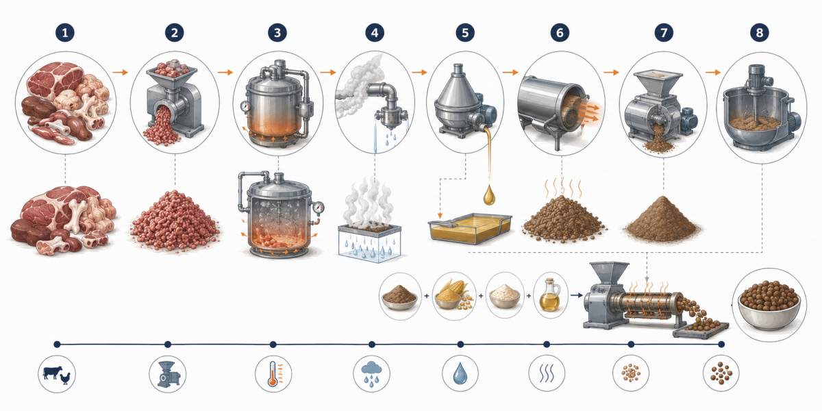 Vetenskaplig illustration av processkedjan från animalisk råvara till köttmjöl: sönderdelning, upphettning, avlägsnande av vatten, separering av fett, torkning, malning och senare inblandning i torrfoder.