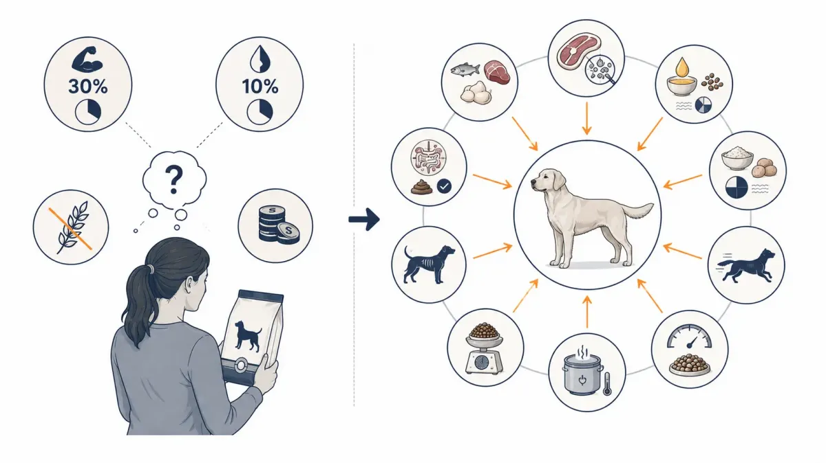 Vetenskaplig illustration som jämför ett förenklat val av hundfoder baserat på en enda siffra med en fullständig bedömning av råvaror, proteinets ursprung, fettkällor, kolhydrater, energi, tillagning, dagsgiva och hundens resultat.