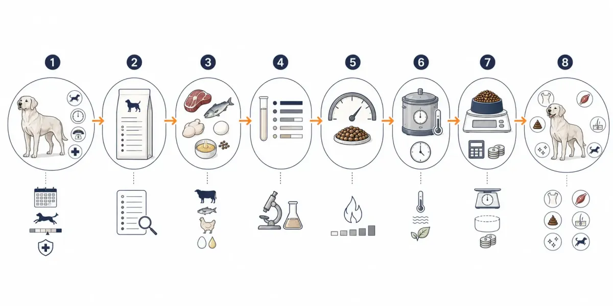 Vetenskaplig illustration av åtta steg för att välja hundmat: hundens behov, ingredienslista, protein och fett, analys, energivärde, tillagningsmetod, dagsgiva och kostnad samt utvärdering av hundens resultat.