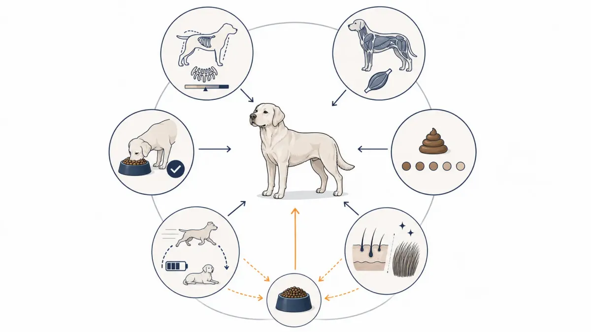Vetenskaplig illustration av en hund omgiven av sex bedömningsområden: hull, muskelmassa, avföring, hud och päls, energi samt aptit, med pilar för uppföljning och justering av fodergivan.