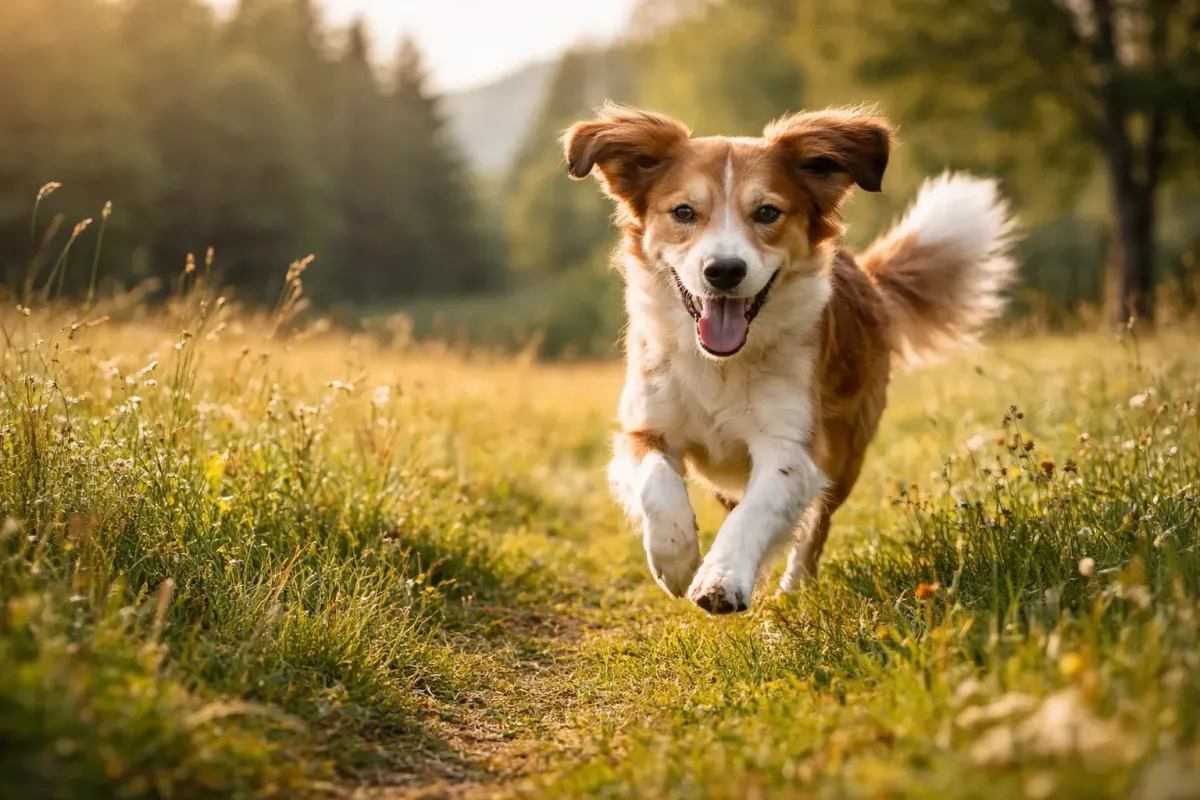 Hund som springer i naturen och illustrerar hundens biologiska arv och naturliga instinkter