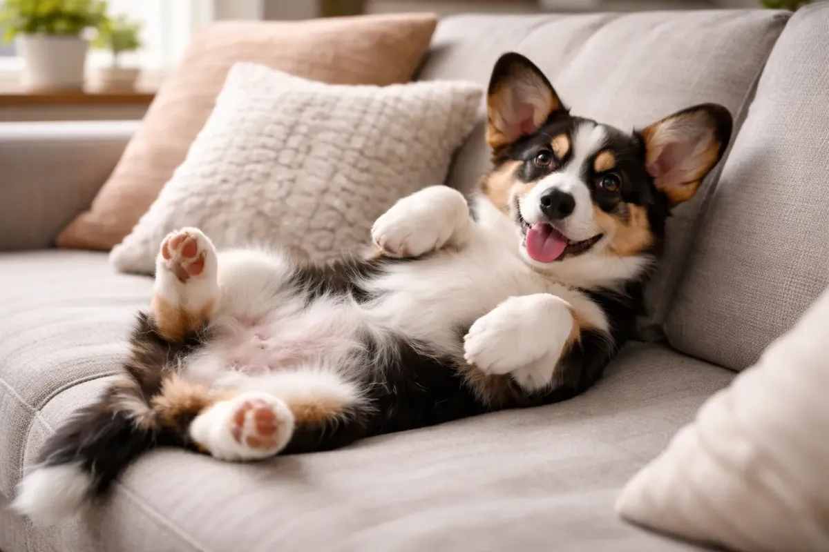 trefärgad corgi ligger i soffan