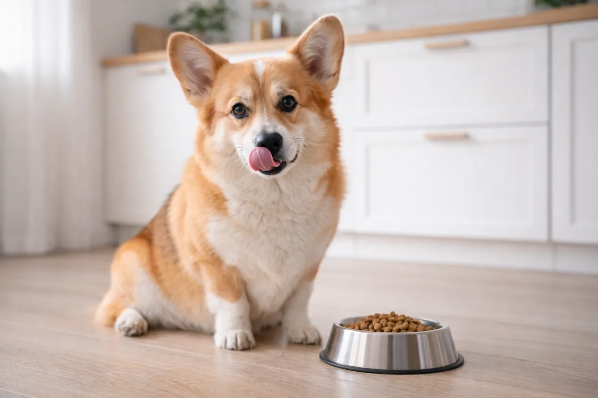 corgi slickar sig om munnen