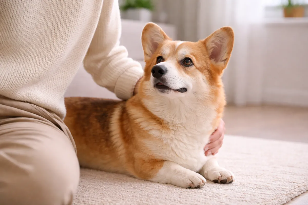 Corgi myser på mattan